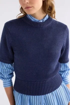 Sweter z dzianiny Luft Lurex – granatowo-miedziany